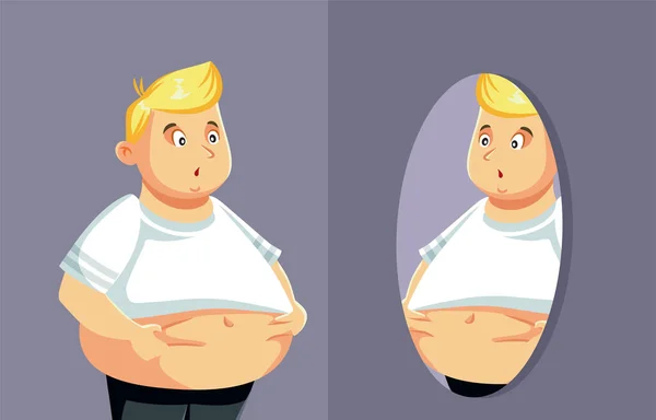 Übergewichtiger Mann Überprüft Sein Bauchfett Spiegel Vektor Illustration — Stockvektor