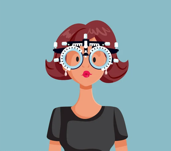 Οπτικός Ασθενής Στο Eye Check Συμβουλευτείτε Φορώντας Ένα Πλαίσιο Δοκιμής — Διανυσματικό Αρχείο