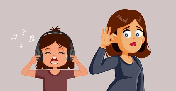 Curieux Parent Essayant Entendre Musique Offensante Partir Écouteurs Pour Enfants — Image vectorielle