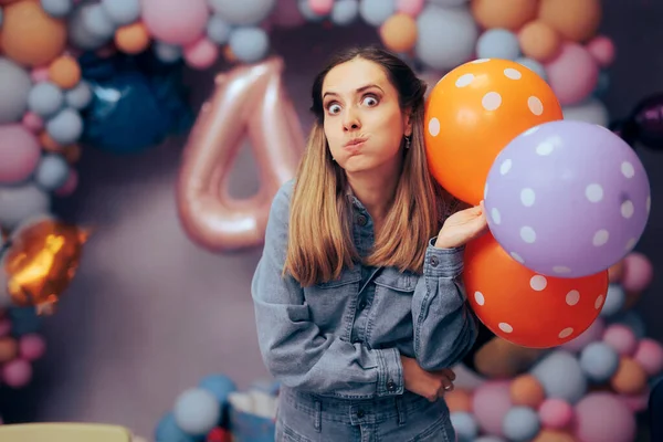 Funny Woman Holding Colorful Balloons Party — Stock Photo, Image