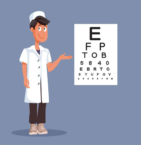 Eye Doctor Rámutatva Egy Snellen Chart Vektor Karakter — Stock Vector