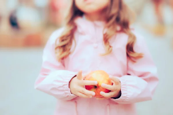 Hands Little Girl Holding Apple Fruit Snack — Stok Foto