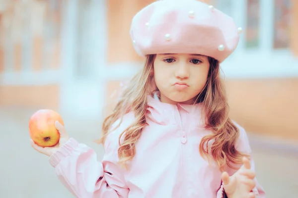 Little Toddler Girl Disliking Snacking Healthy Holding Apple — Stok Foto