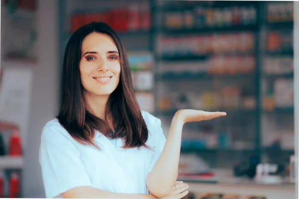 Happy Pharmacist Making Presentation Hand Gesture — Stock Photo, Image