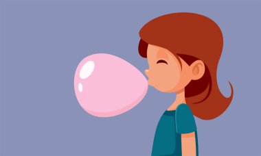 Pembe Çilek Çiğneyen Küçük Kız Lezzetli Sakız Vektörü Çizimi