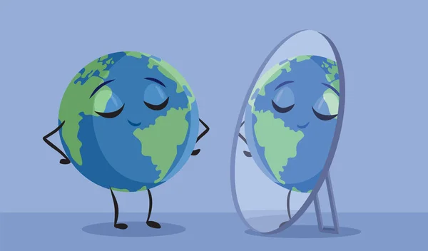 Happy Cartoon Earth Looking Mirror Vector Illustration Dalam Bahasa Inggris - Stok Vektor