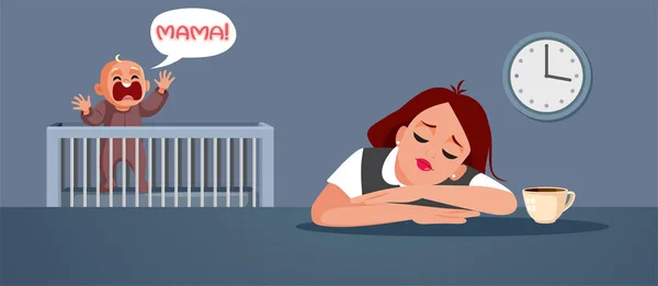 Baby Screaming Mom While She Sleeps Vector Cartoon Illustration - Stok Vektor