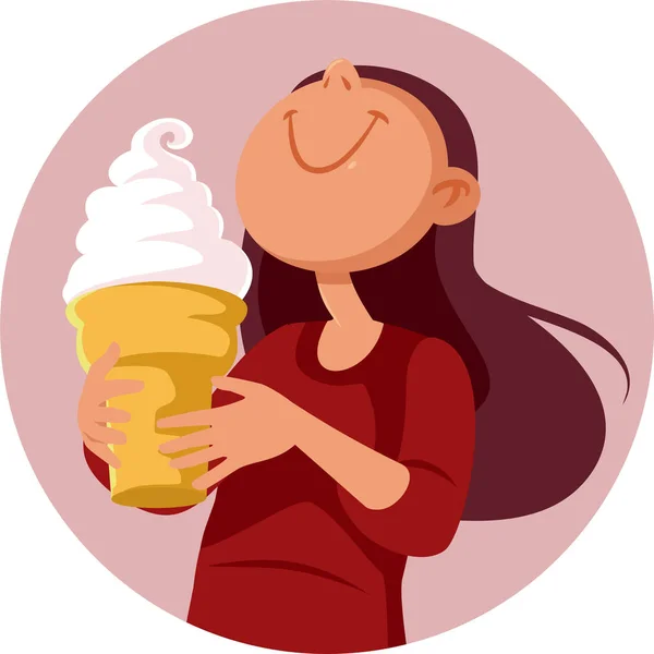 有趣的女人拿着巨大的冰激淋甜点矢量卡通片 — 图库矢量图片