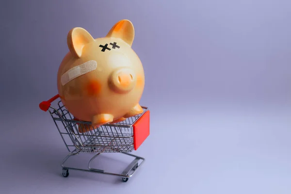 Hurt Piggy Bank Sitting Shopping Cart Ready Check Out — Stock Photo, Image