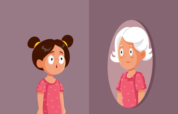 Little Girl Looking Mirror Seeing Her Older Self Vector Cartoon - Stok Vektor