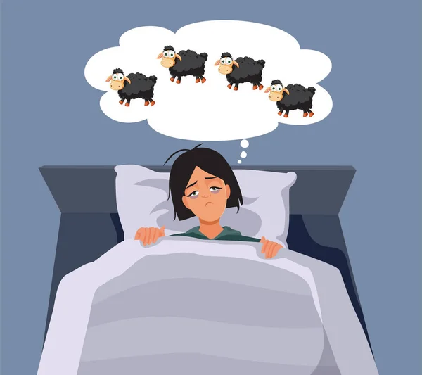 因失眠而痛苦的女人数羊睡觉 — 图库矢量图片
