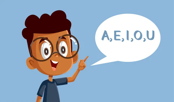 School Boy Pronounces Vowels Vector Cartoon Illustration - Stok Vektor