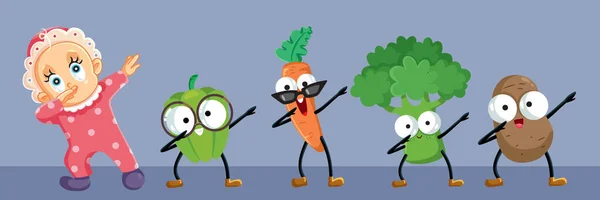 Baby Dancing Next Healthy Super Foods Vector Cartoon Illustration - Stok Vektor