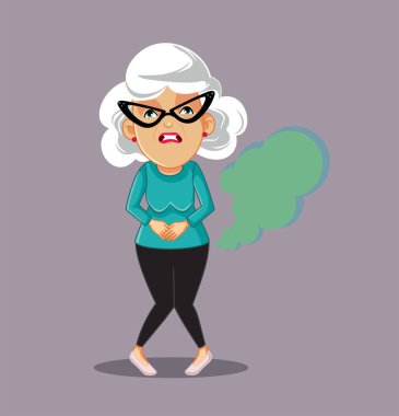 Yaşlı Kadın Sağlık Sorunlarından Osuruyor Vektör Çizgi Film Çizimi