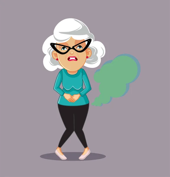 Oudere Vrouw Scheten Wijten Aan Gezondheidsproblemen Vector Cartoon Illustratie — Stockvector