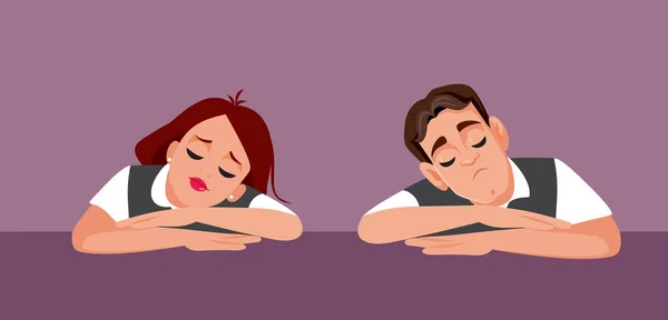 Yorgun Çift Masa Vektörü Çizgifilminde Otururken Uykulu Hissediyor — Stok Vektör