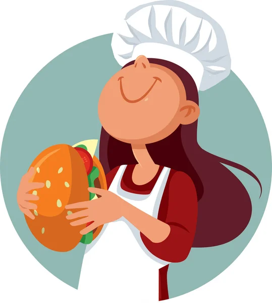 Cheerful Chef Holding Big Burger Vector Mascot Cartoon Design — Stock Vector