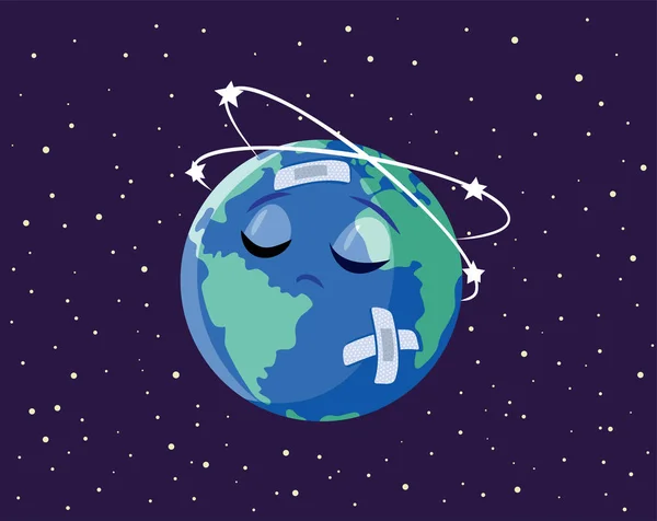 Hurt Planet Bumi Penderitaan Dalam Pain Vector Cartoon Illustration - Stok Vektor