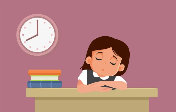 Gadis Sekolah Lelah Beristirahat Kepalanya Pada Desk Vector Cartoon Illustration - Stok Vektor