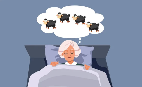 Εξαντλημένη Ηλικιωμένη Γυναίκα Μετρώντας Πρόβατα Στον Ύπνο Διάνυσμα Εικονογράφηση Κινουμένων — Διανυσματικό Αρχείο