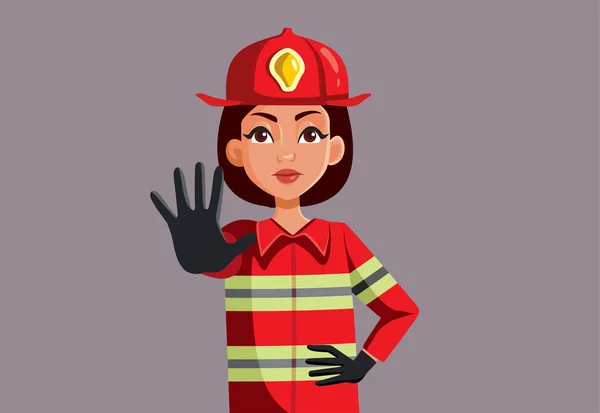 Firewoman Making Stop Sign Figyelmeztetés Tűzveszély Vektor Rajzfilm — Stock Vector
