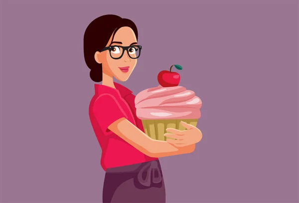 デザートベクトル漫画を愛するカップケーキを保持する幸せな女性 — ストックベクタ