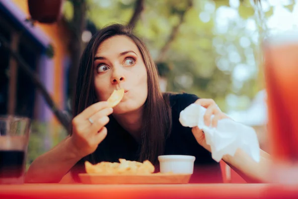 Girl Having Wedges Snack Feeling Greedy Hungry — Stok Foto