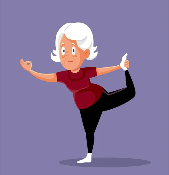 Äldre Äldre Kvinna Stående Yoga Pose Vector Cartoon Character — Stock vektor