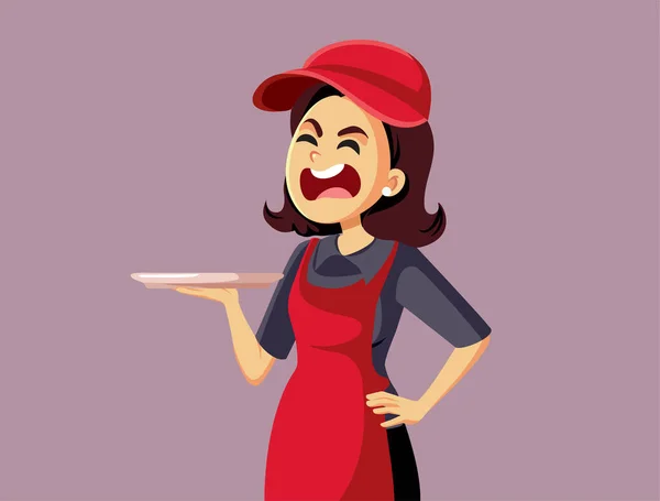 Rude Waitress Screaming Holding Empty Tray Vector Cartoon Illustration - Stok Vektor