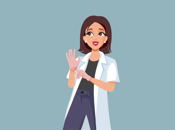 Γυναίκα Γιατρός Βάζει Χειρουργικά Γάντια Διάνυσμα Εικονογράφηση Κινουμένων Σχεδίων — Διανυσματικό Αρχείο