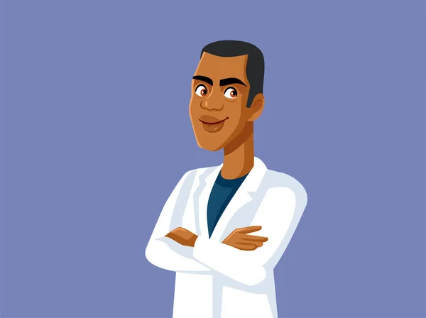 腕を交差ベクトルで自信を持って立って幸せな笑顔の医師 彼の制服を着てハンサムなアフリカ系アメリカ人の一般開業医 — ストックベクタ