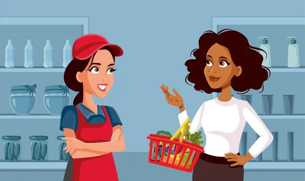 Süpermarket Müşterisi Satıcı Kadın Vektör Çizgi Film Çizimi Ile Etkileşiyor — Stok Vektör