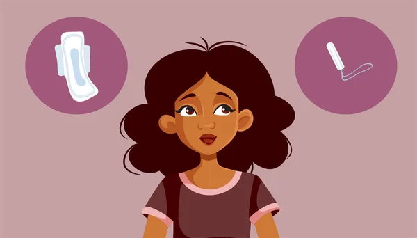 Mulher Escolhendo Entre Menstruação Produtos Higiene Vetor Cartoon — Vetor de Stock