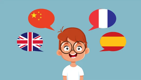 Többnyelvű Gyermek Beszél Angol Kínai Francia Spanyol Vektor Rajzfilm — Stock Vector