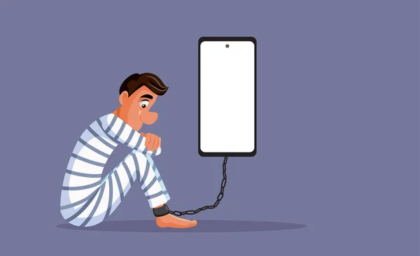 Prisoner Man Suffering Phone Internet Addiction Vector Cartoon - Stok Vektor