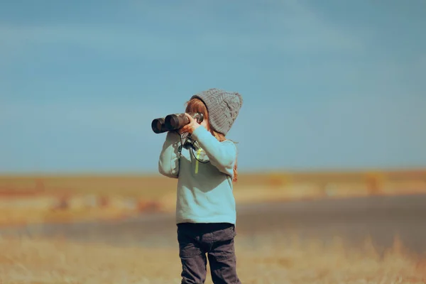 Explorer Toddler Girl Playing Pair Binoculars — Stok Foto
