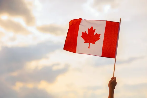 stock image Hand Waving the Flag of Canada on a Beautiful Sky 