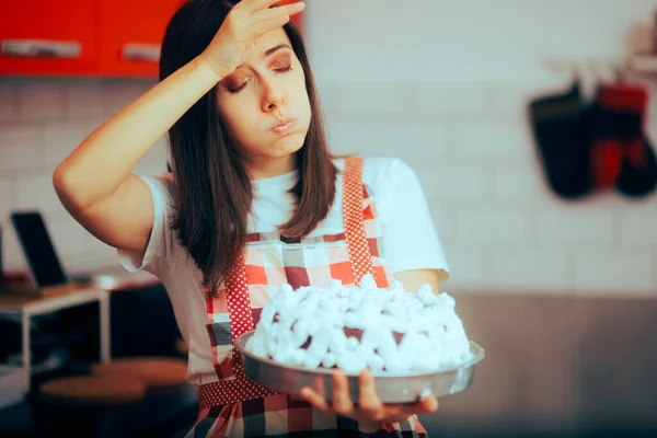 Tired Woman Holding Big Homemade Cake Kitchen — Stock Photo, Image