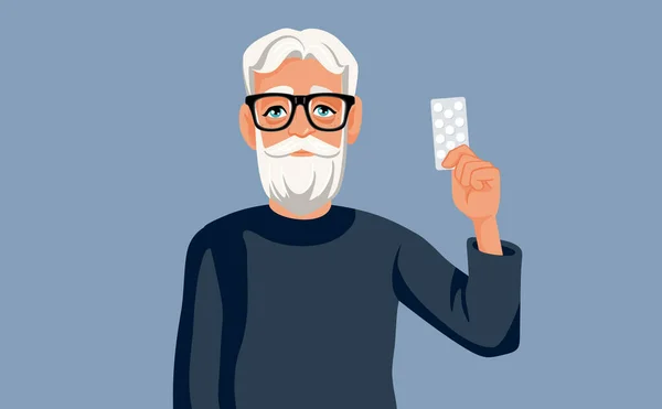 Viejo Hombre Sosteniendo Píldora Tablet Tratamiento Vector Dibujos Animados Ilustración — Vector de stock