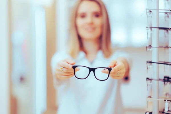 Eye Doctor Giving Pair Glasses Myopic Patient — Stock Photo, Image