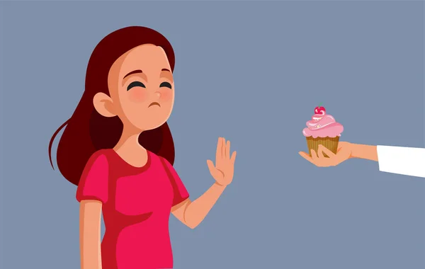 Mädchen Auf Diät Sagt Nein Zuckerhaltigem Dessert Vector Cartoon Illustration — Stockvektor