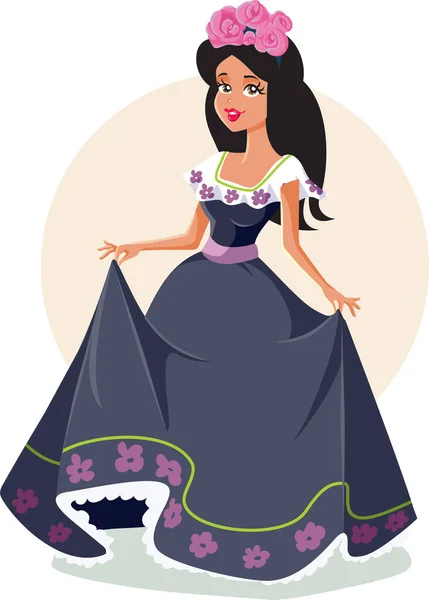 Menina Mexicana Bonita Vestindo Belo Vestido Tradicional Vector Cartoon Ilustração —  Vetores de Stock