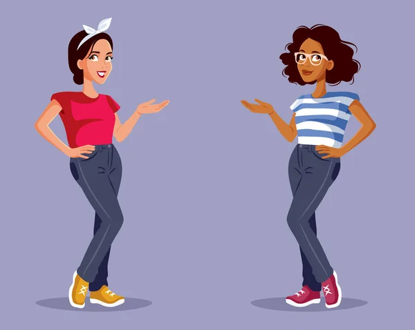 Κορίτσια Προώθηση Μιας Προσφοράς Μάρκετινγκ Vector Cartoon Εικονογράφηση Ευτυχισμένες Χαρούμενες — Διανυσματικό Αρχείο