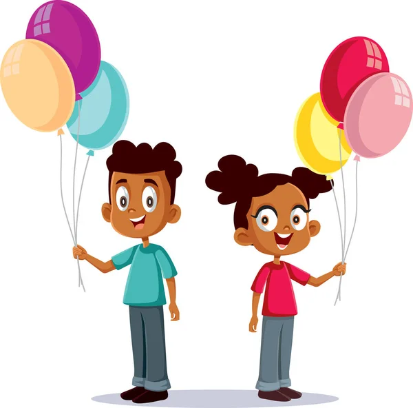 Crianças Segurando Festa Balões Vetor Desenhos Animados Ilustração — Vetor de Stock
