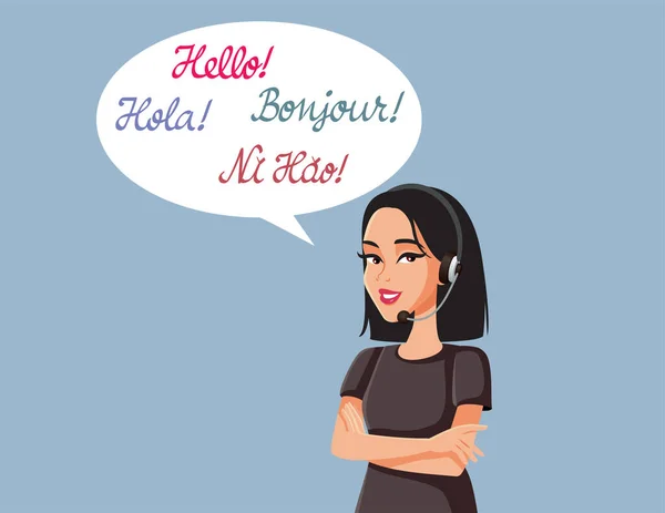 Callcenter Mitarbeiter Sagt Hallo Verschiedenen Sprachen Vektor Cartoon Illustration — Stockvektor