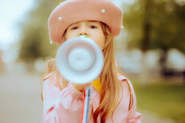 Little Toddler Girl Screaming Megaphone Bullhorn Loudly — Stok Foto