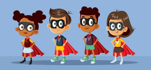 Pelerin Vektör Çizimi Giyen Süper Kahraman Çocuk Karakterleri — Stok Vektör