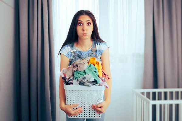 Tired Mom Holding Basket Dirty Laundry Nursery Room — Stock Photo, Image