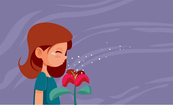 Allergic Girl Affected Pollen Spring Season Vector Cartoon Illustration — Stock Vector