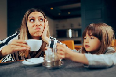 Stressed Mama Drinking Coffee Feeling Exhausted in a Restaurant clipart